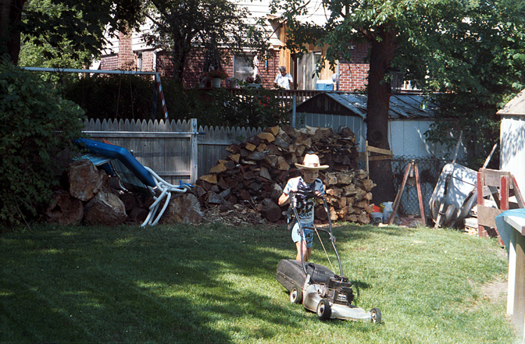 93-07-00, 01, Brian mowing the lawn, Saddle Brook, NJ