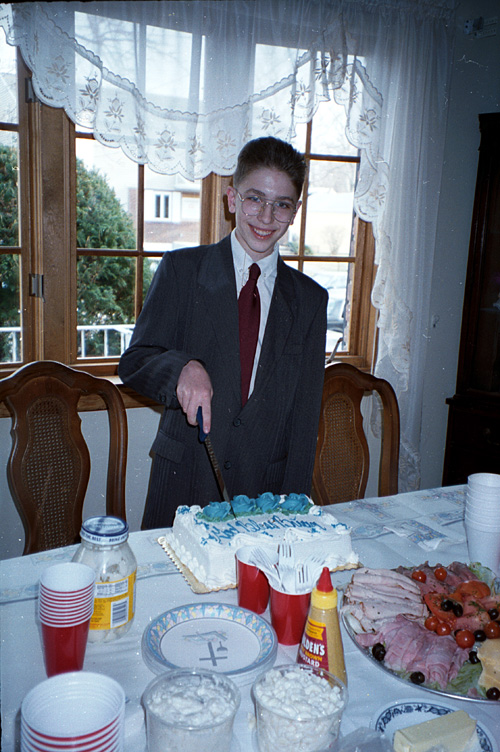 95-04-02, 23, Brian cutting Cake, Brian's Confirmation