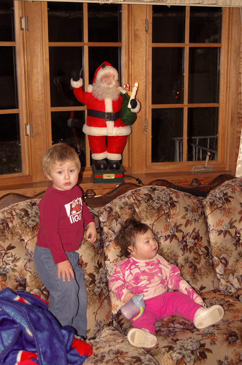 05-12-07, 12, Connor and Kaitlyn checking out Santa Claus